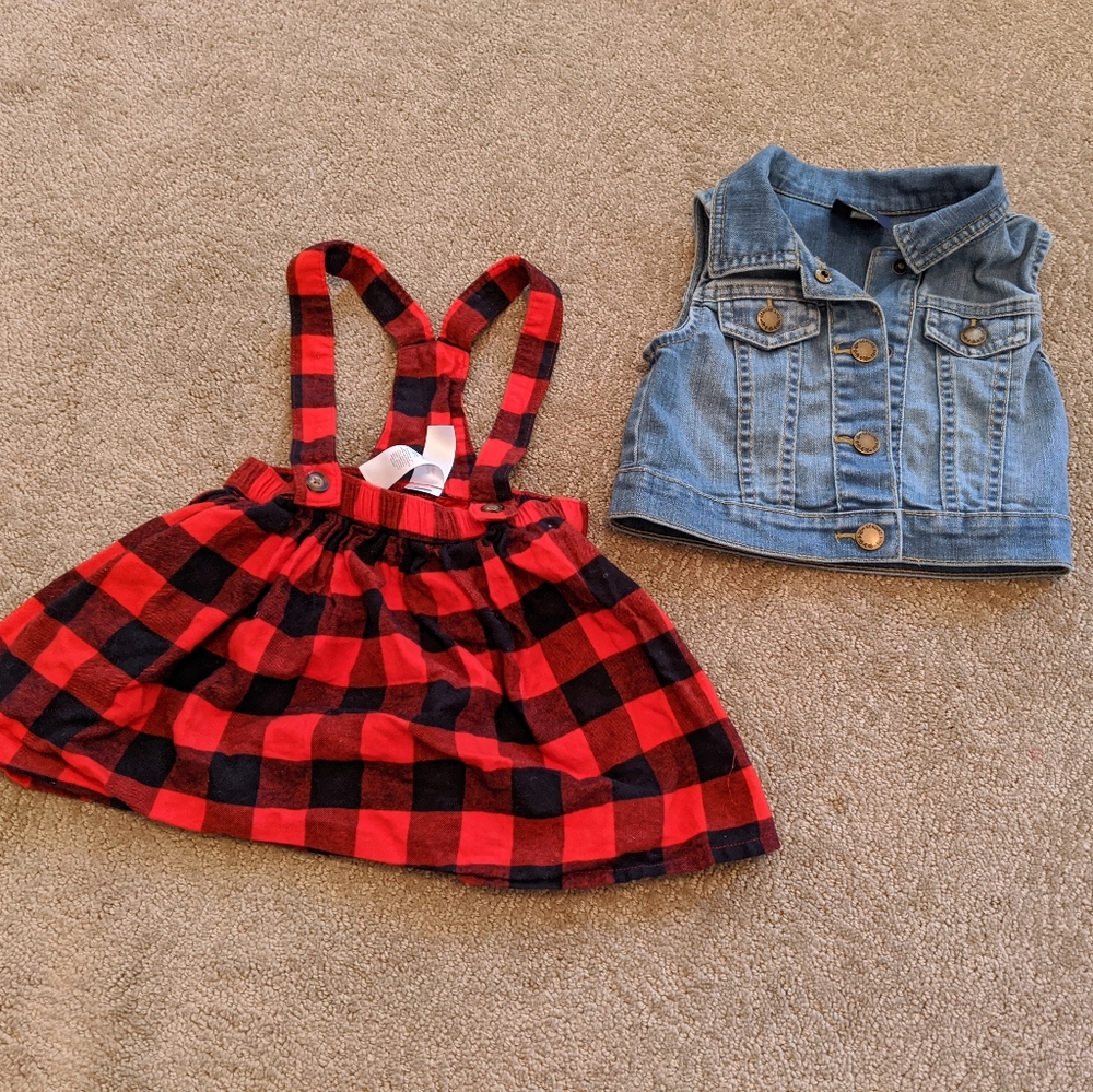 Plaid jumper and denim vest
